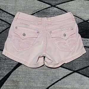 ROCK REVIVAL PEACH PINK RHINESTONES SILVER STITCH EMBROIDERED DENIM SHOR…